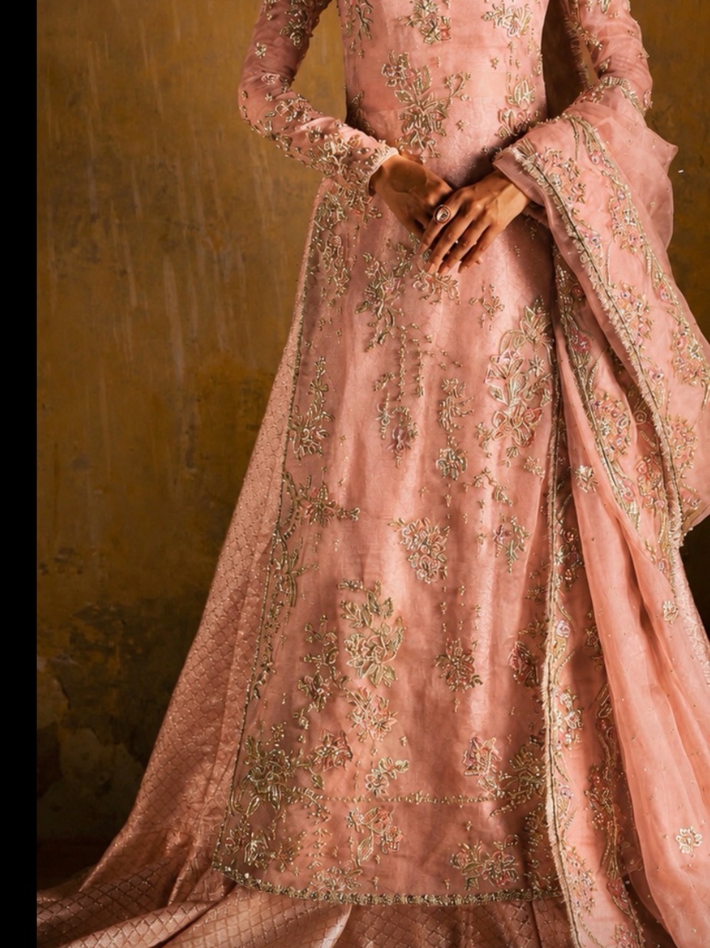 Pakistani 3 piece Elegant Blush Pink Embroidered long shirt and lehnga
